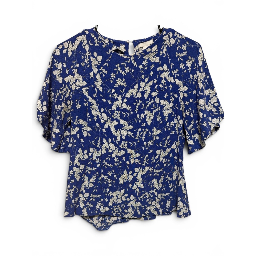 H&M Women‎ Cobalt Blue White Floral Flutter Sleeve Keyhole Back Blouse Top